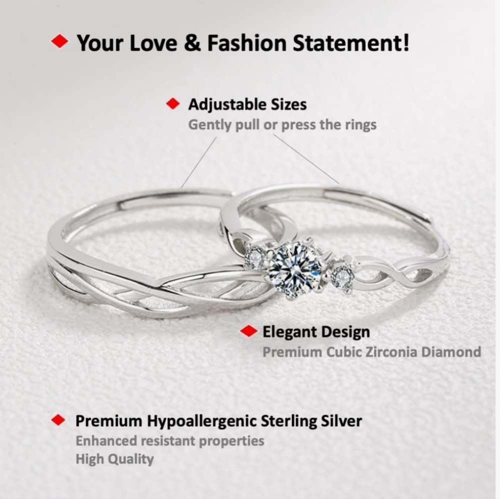 New Sterling Silver Zircon Diamond R Adjustable Matching wedding Rings N…